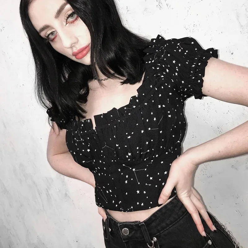 Constellation Printing Exposed Navel Short sleeved Female Pleated Square Collar Zipper Cardigan Bubble Sleeve Women T shirts
Constellation Printing Exposed Navel Short sleeved Female Pleated Square Collar Zipper Cardigan Bubble Sleeve Women T shirts