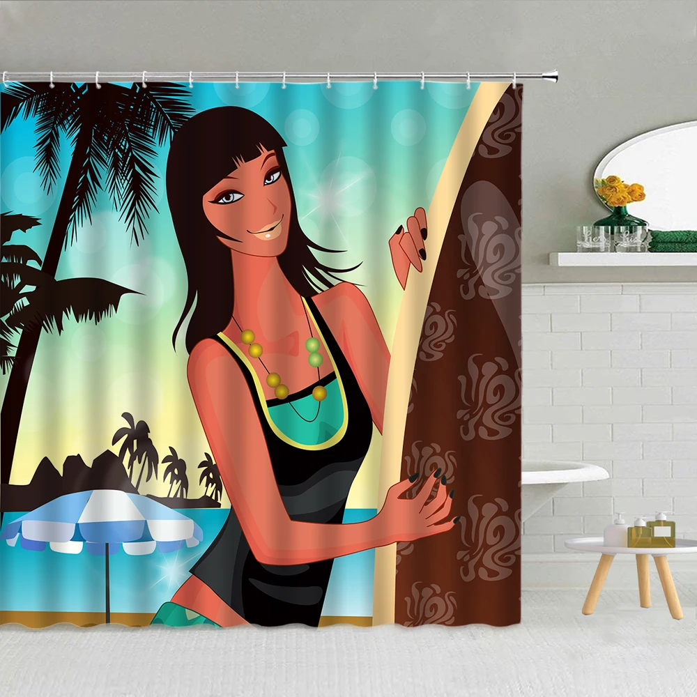 Cartoon Sexy Girl Shower Curtain Tropical Plants Beach Surfing Bikini Bath Curtains Romantic Valentine's Day Bathroom Home Decor
Cartoon Sexy Girl Shower Curtain Tropical Plants Beach Surfing Bikini Bath Curtains Romantic Valentine's Day Bathroom Home Decor