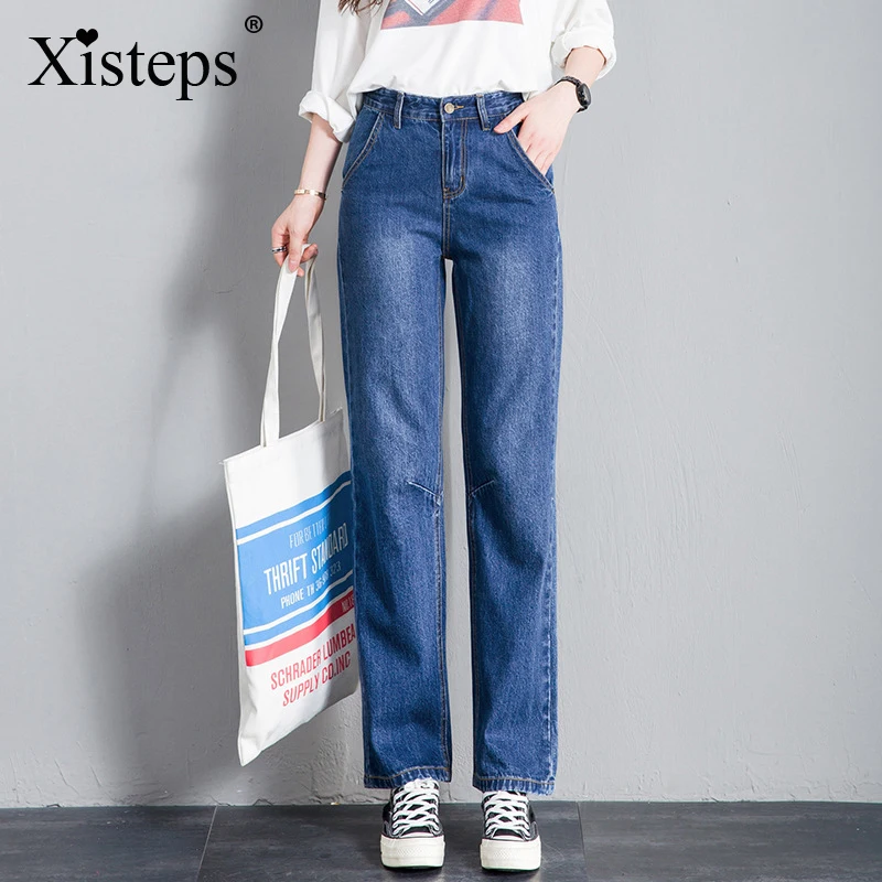 Новые осенние женские прямые свободные джинсы Xisteps 2020 с высокой талией широкие