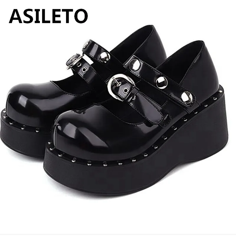 

ASILETO новая платформа Goth панк Студенческая обувь для девушек колледжа Лолита Лоферы женские криперы Косплей Jk на плоской подошве Pu кожаные т...
