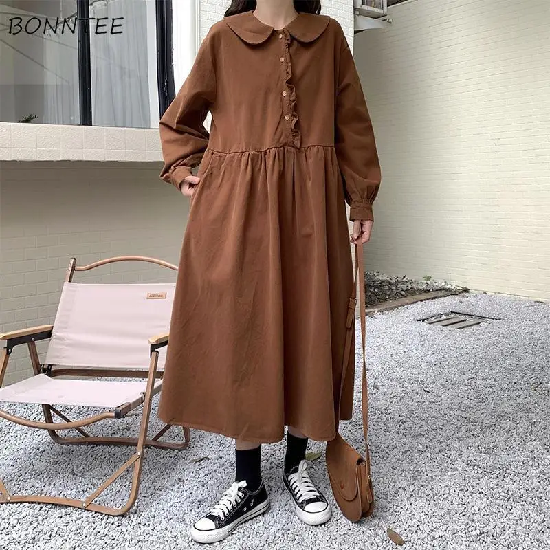 

Long Sleeve Dress Women Autumn Solid Vintage Design Preppy Style Leisure Tender Peter Pan Collar Cozy Fashion Teenager Ulzzang