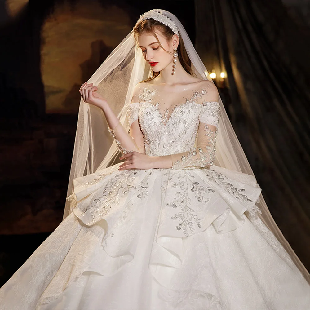 New Arrivals O-Neck Three Quarter Sleeve Sparkly Beading Crystal Tulle Lace Gorgeous Ball Gown Wedding Dress Plus Size Mariage | Свадьбы и