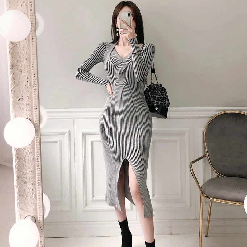 Sexy Party Dress V-neck Slim Sexy Twist Thread Front Split Knit Dress 2021 Fall/Winter New Fashion Slim Bodycon Club Dress
Sexy Party Dress V-neck Slim Sexy Twist Thread Front Split Knit Dress 2021 Fall/Winter New Fashion Slim Bodycon Club Dress