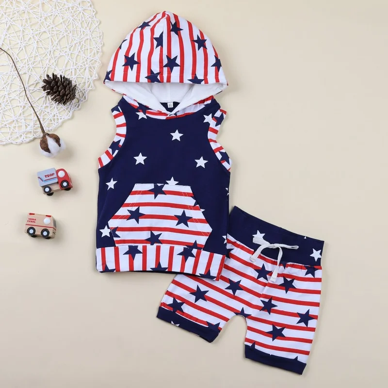 

2PCS New Born Outfit 1-4Y Stars Print Hooded Top+Pants Child Suit Independance Day Toddler Baby Clothes Outfit Fashion Clothes