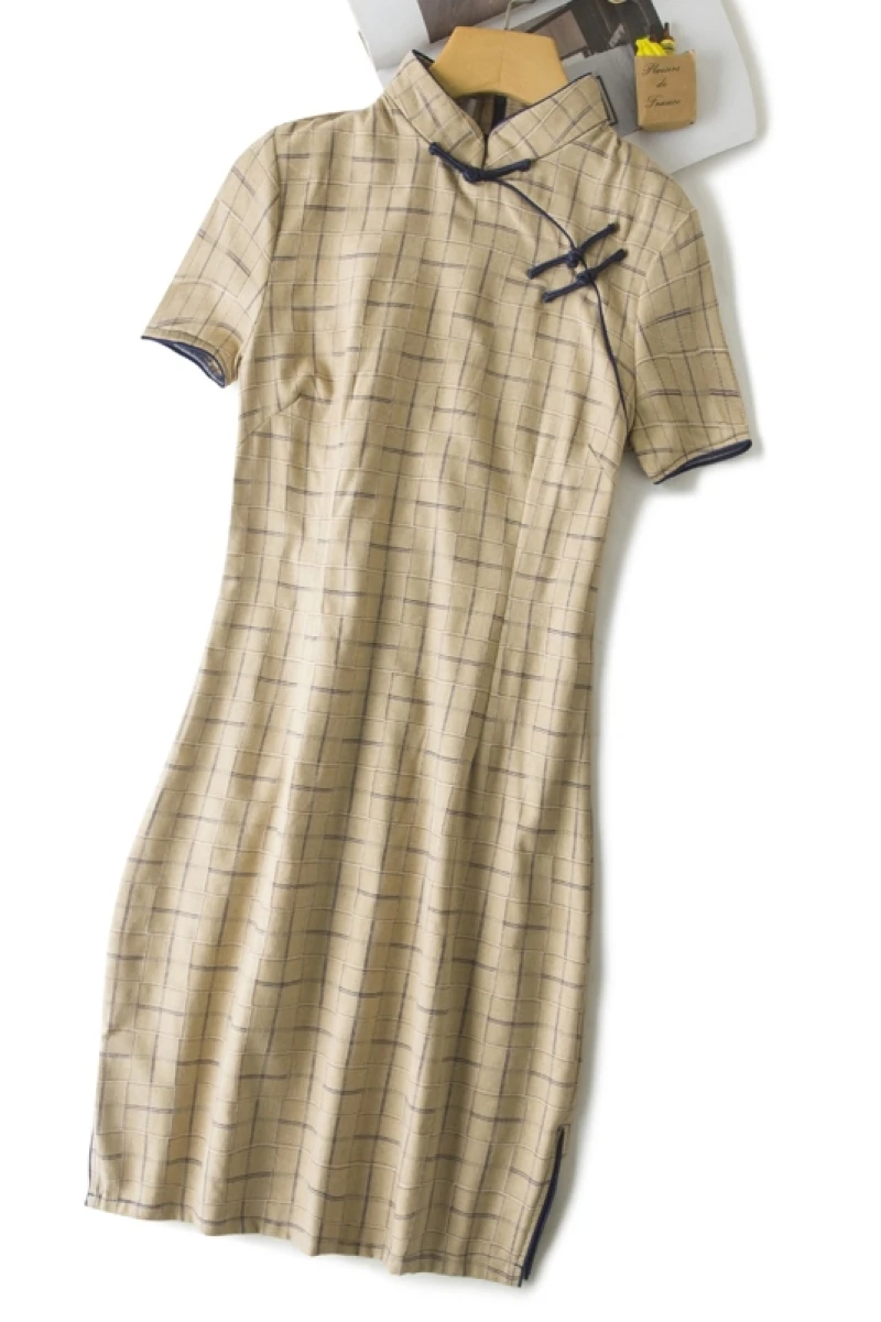 Chinese Women Cotton Linen Grid Cheongsam Vintage Chinese Traditional Dress Fashion Short Sleeve Checked Improvement Cheongsam
Chinese Women Cotton Linen Grid Cheongsam Vintage Chinese Traditional Dress Fashion Short Sleeve Checked Improvement Cheongsam