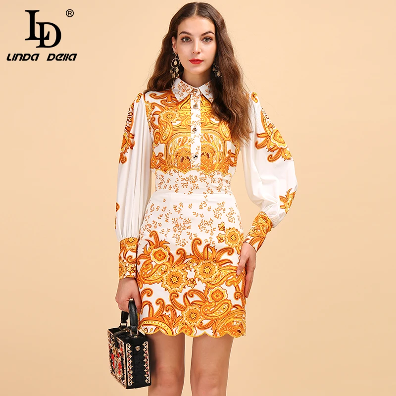 LD LINDA DELLA Runway Fashion Autumn Vintage Suit Women's Puff Sleeve Printed Shirt And High Waist Mini Skirt Two Pieces Set | Женская