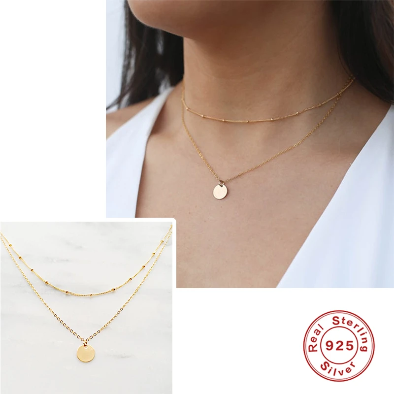 GS 925 Sterling Silver Gold Round Pendant Chain Choker For Women Double Chain Necklace Simple Fashion Luxury Fine Jewelry
GS 925 Sterling Silver Gold Round Pendant Chain Choker For Women Double Chain Necklace Simple Fashion Luxury Fine Jewelry