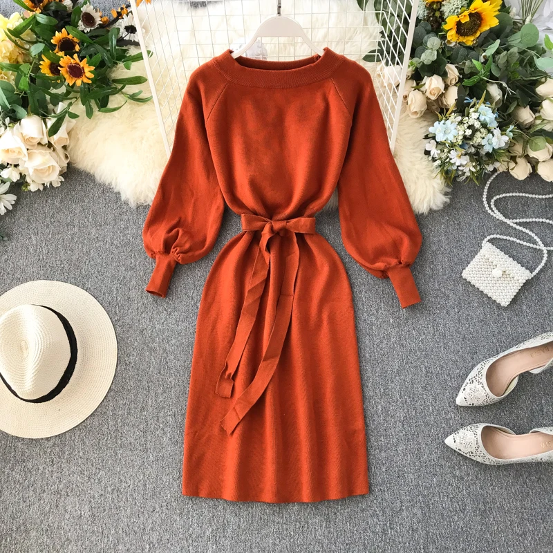 

2019 Autumn Winter Women Slash Neck Sashes Knit Dress Bubble Sleeve Solid Female Casual Knit Dress