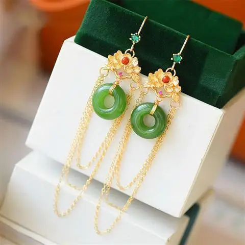 Super Fairy Hetian Jade Safety Buckle Earrings S925 Sterling Silver Tassel Jasper Ring Earrings Ornament for Women
Super Fairy Hetian Jade Safety Buckle Earrings S925 Sterling Silver Tassel Jasper Ring Earrings Ornament for Women