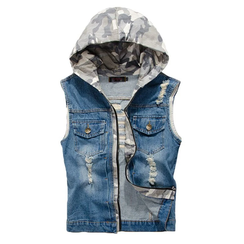 Idopy New Men's Denim Vest Fashion Casual Camouflage Hooded Sleeveless Jacket Hole Cowboy Coat With Hood Male
Idopy New Men's Denim Vest Fashion Casual Camouflage Hooded Sleeveless Jacket Hole Cowboy Coat With Hood Male