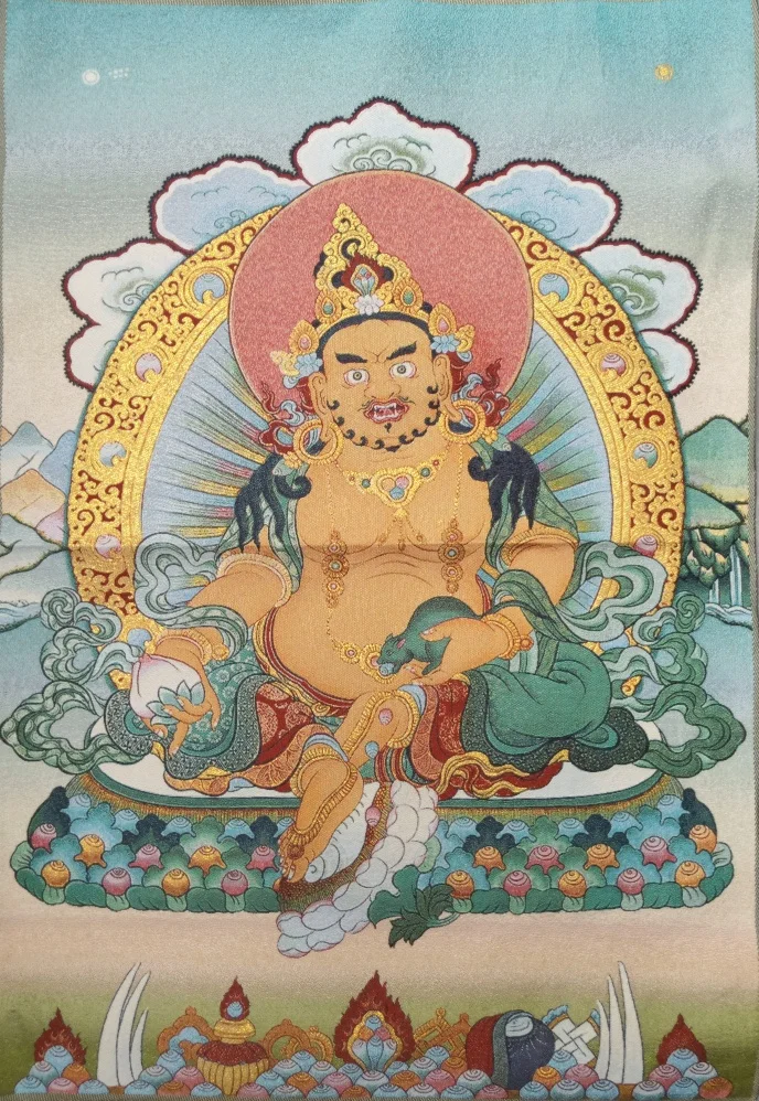 

36" Tibet Tibetan Embroidered Cloth Silk Buddhism Yellow Jambhala Wealth God Tangka Thangka Mural Buddha Home Decor