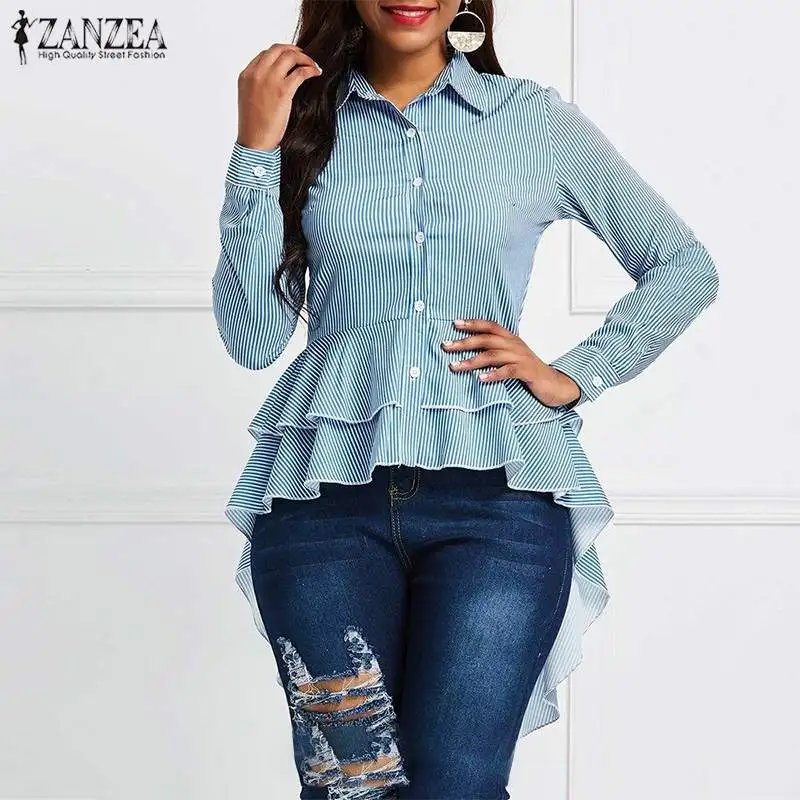 Stylish Women's Striped Blouse ZANZEA Ruffle Shirts Casual Asymmetrical Blusas Female Lapel Button Tunic Tops
Stylish Women's Striped Blouse ZANZEA Ruffle Shirts Casual Asymmetrical Blusas Female Lapel Button Tunic Tops