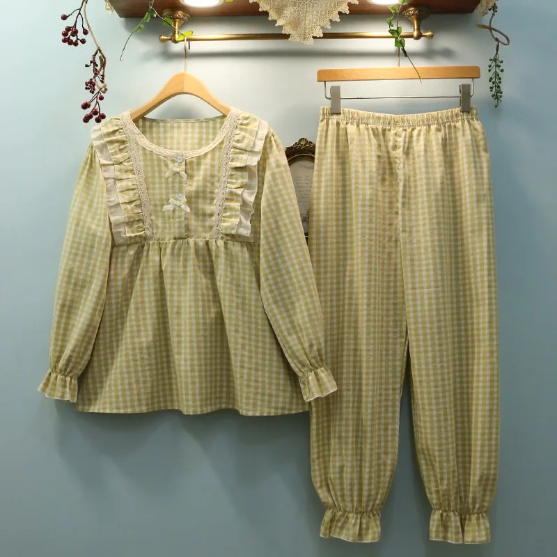 Vintage Cotton Pajama Sets Women's Sleepwear Plaid Long Sleeve Sleep Tops Shirts Bottoms Princess Pyjamas Girl Loose Lounge Set 
Vintage Cotton Pajama Sets Women's Sleepwear Plaid Long Sleeve Sleep Tops Shirts Bottoms Princess Pyjamas Girl Loose Lounge Set