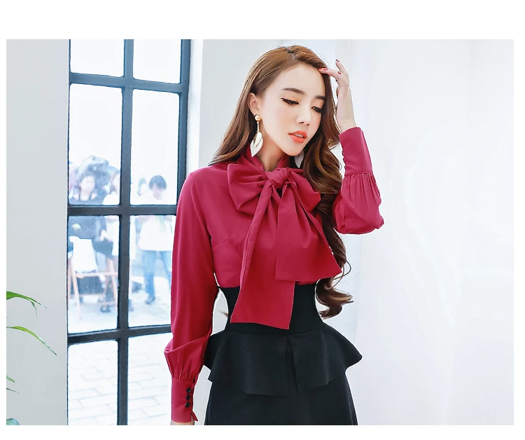 Free Shipping Women Fashion Top Bowtie Collar Long Sleeve Slim Blouse Elegant Solid Color Ladies High Quality Femal Shirt | Женская