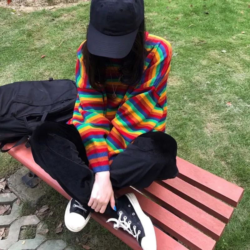 Women Teens Autumn Long Sleeve Knit Sweater Korean Harajuku Rainbow Stripes Patchwork Loose Jumper Hip Hop Pullover Tunic Tops
Women Teens Autumn Long Sleeve Knit Sweater Korean Harajuku Rainbow Stripes Patchwork Loose Jumper Hip Hop Pullover Tunic Tops