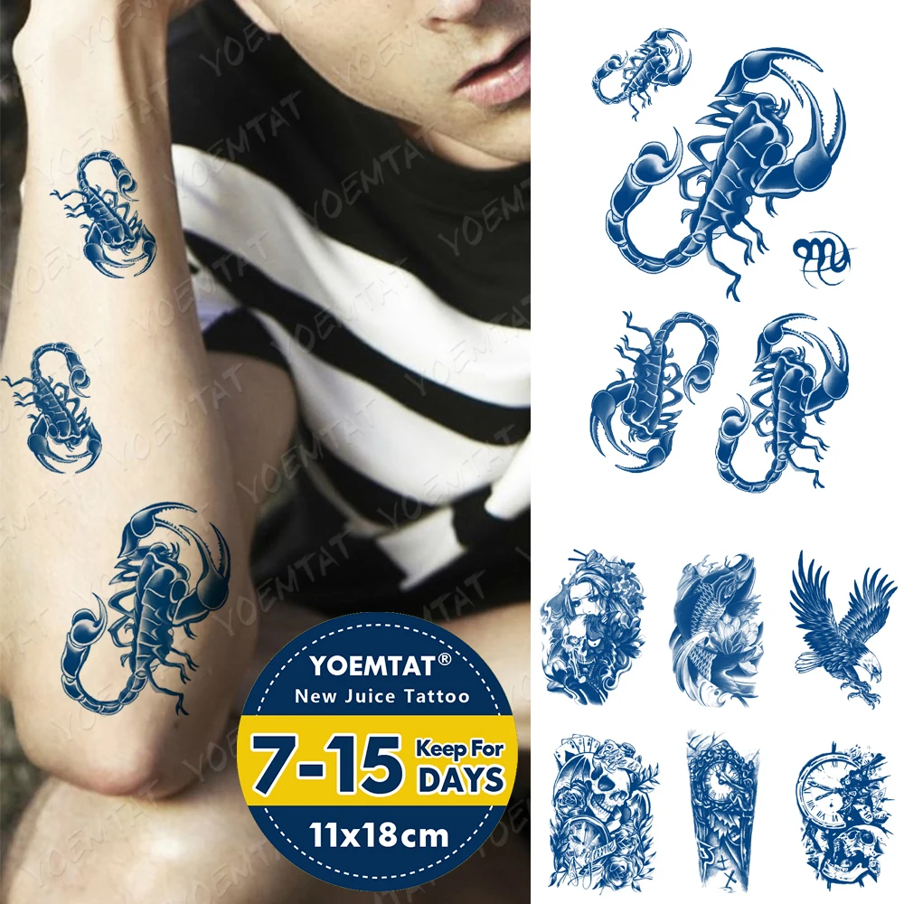

Juice Lasting Ink Tattoos Body Art Waterproof Temporary Tattoo Sticker Carp Lotus Wave Tatoo Arm Fake Scorpion Skull Tatto Men