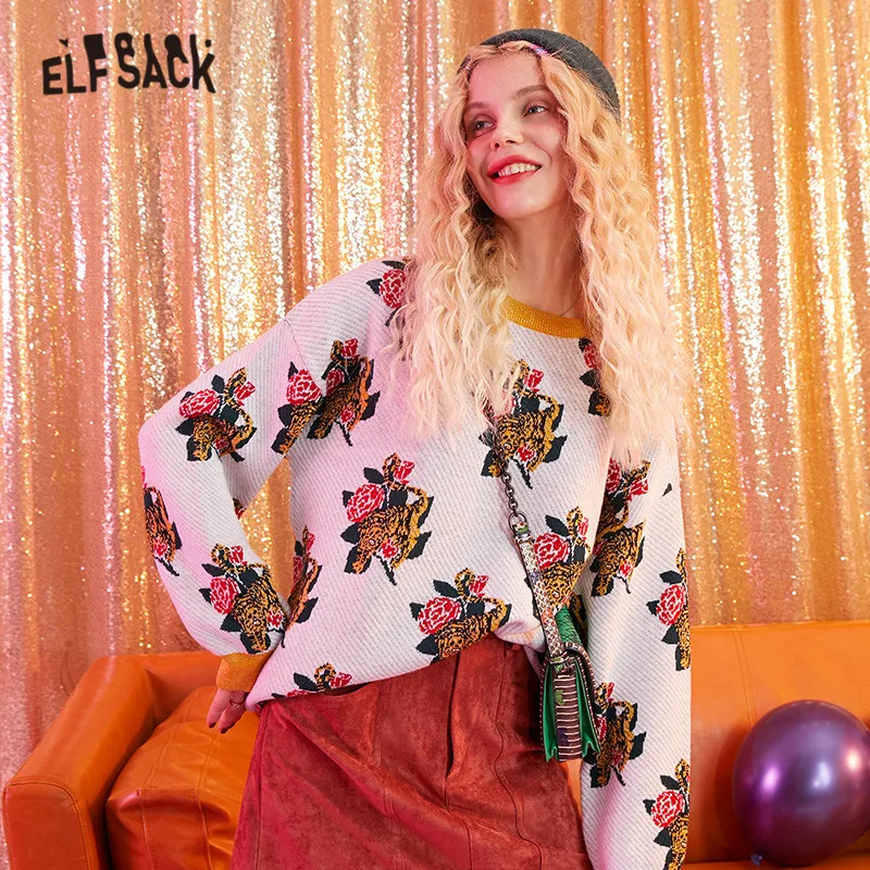 ELFSACK цветной пуловер с цветочным принтом женский свитер осень 2019 золотой шелк