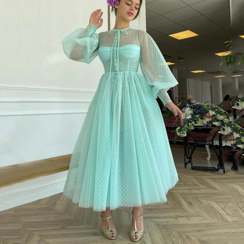 High Neck Long Sleeve Mint Green Tea Length Dots Buttons Prom Dress A-Line Tulle Evening Gowns
High Neck Long Sleeve Mint Green Tea Length Dots Buttons Prom Dress A-Line Tulle Evening Gowns