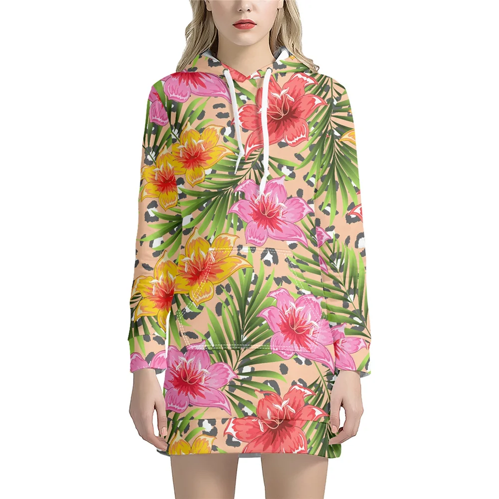

Женское платье-свитер с длинным рукавом, розовое худи с леопардовым принтом, тропическими пальмовыми листьями и цветами, по заводской цене
