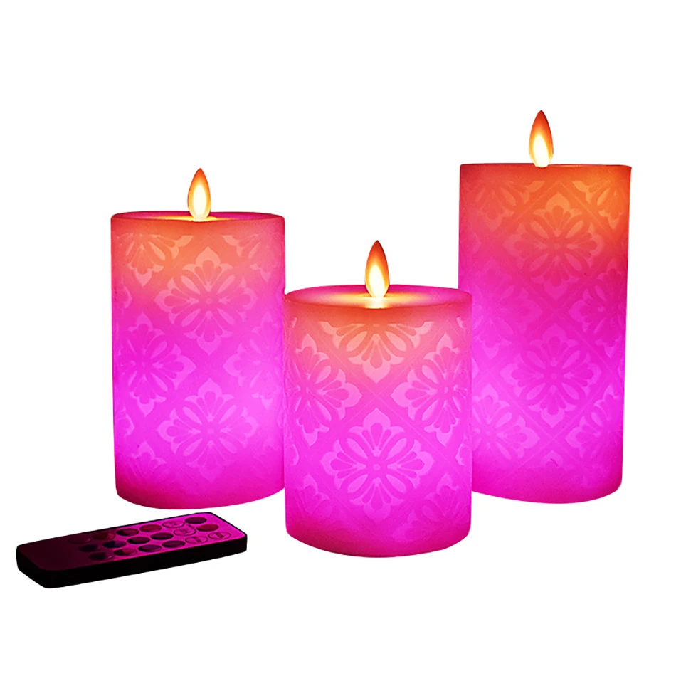 Set of 3 Flameless Wax Candle Lights With RGB Remote Control And Hollow Pattern,New Year/Christmas/Wedding Candles Home Decor.
Set of 3 Flameless Wax Candle Lights With RGB Remote Control And Hollow Pattern,New Year/Christmas/Wedding Candles Home Decor.