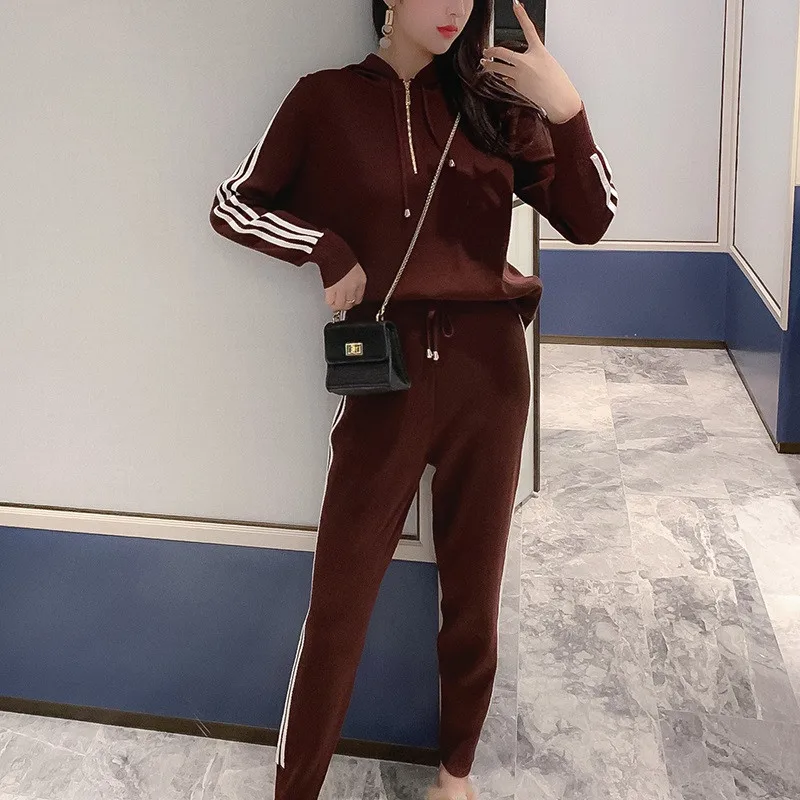 Autumn Winter Knitted Tracksuit Two Piece Set Women Hooded Sprot Long Sleeve Tops Elastic Waist Pants Solid Color Suit Female
Autumn Winter Knitted Tracksuit Two Piece Set Women Hooded Sprot Long Sleeve Tops Elastic Waist Pants Solid Color Suit Female
