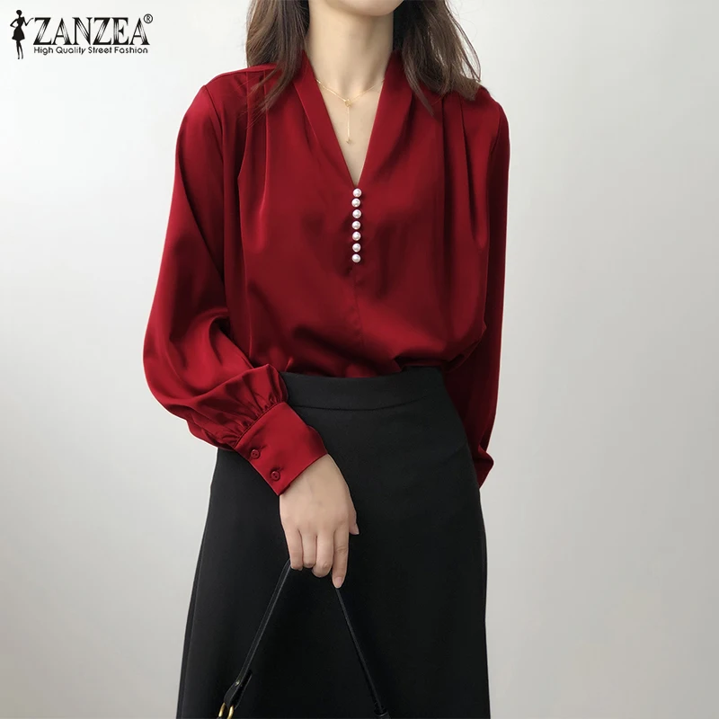 

Элегантная Женская атласная рубашка ZANZEA, стильная женская блузка в повседневном стиле, осенняя однотонная блузка с V-образным вырезом и дли...
