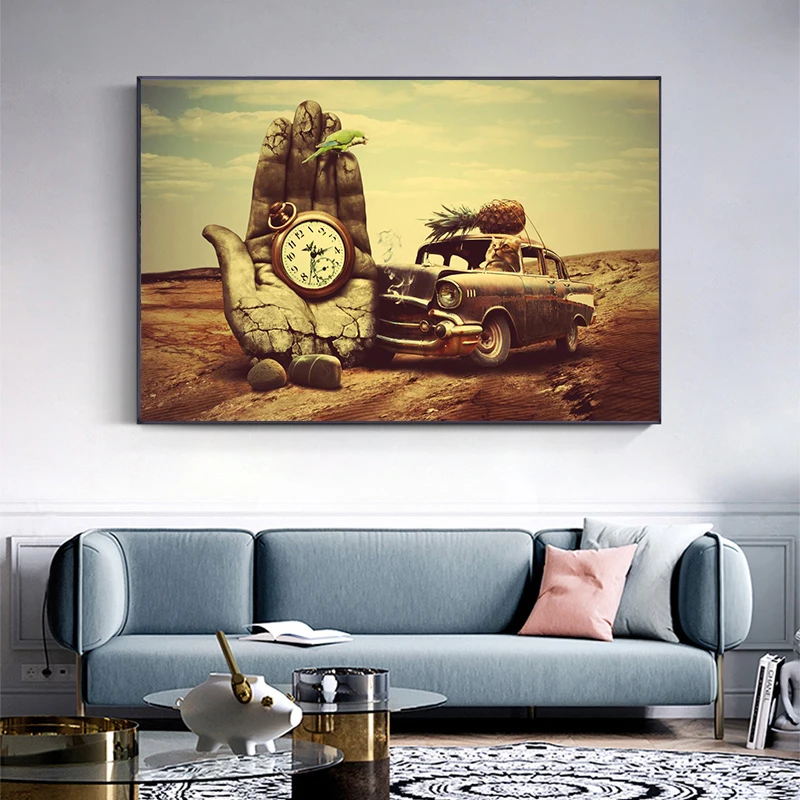 The Palm Clock Standing In The Desert and The Cat Canvas Painting on The Abandoned Car Are Printed for Home Decoration
The Palm Clock Standing In The Desert and The Cat Canvas Painting on The Abandoned Car Are Printed for Home Decoration