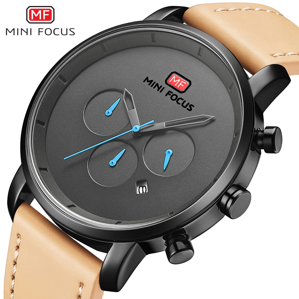 

MINI FOCUS Men's Sports Watches Luxury Brand Men Quartz 24 Hour Date Leather Wrist Watch Mens Waterproof Clock Relogio Masculino