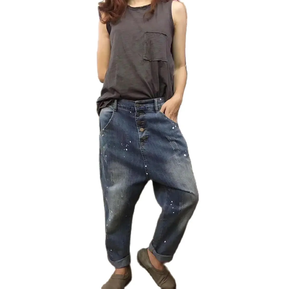 Women's Jeans Pockets Wide Leg Trousers Streetwear Baggy Low Waist Multi-button Oversized Female New Spring Printing Cross-pants 
Women's Jeans Pockets Wide Leg Trousers Streetwear Baggy Low Waist Multi-button Oversized Female New Spring Printing Cross-pants