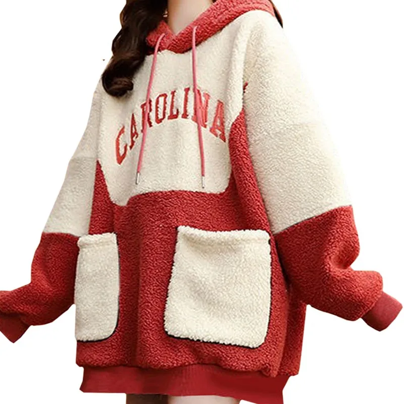 Winter Thick Female Hoodie Stitching Apricot Red Lambswool Sweatshirt Women Harajuku Mid-length Pocket Letters Fleece Pullover
Winter Thick Female Hoodie Stitching Apricot Red Lambswool Sweatshirt Women Harajuku Mid-length Pocket Letters Fleece Pullover