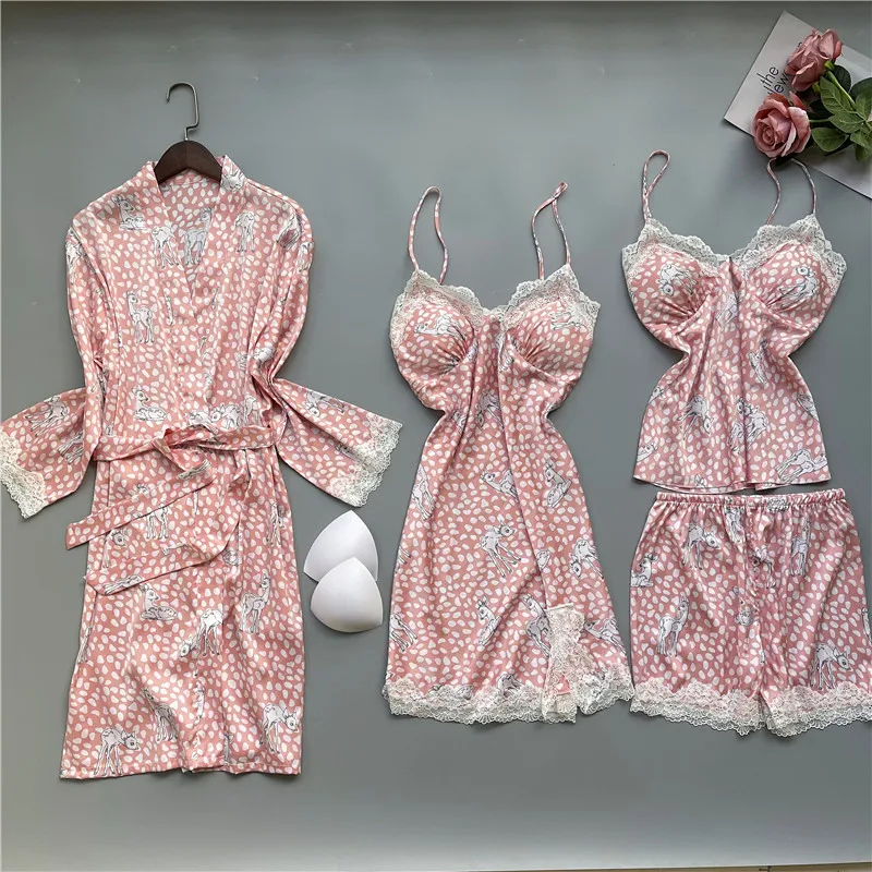 Women Satin Pyjamas Sleep Set 4PCS Printed Sleepwear Pajamas Suit Loose V-Neck Elk Sexy Kimono Robe Gown Casual Home Clothing
Women Satin Pyjamas Sleep Set 4PCS Printed Sleepwear Pajamas Suit Loose V-Neck Elk Sexy Kimono Robe Gown Casual Home Clothing