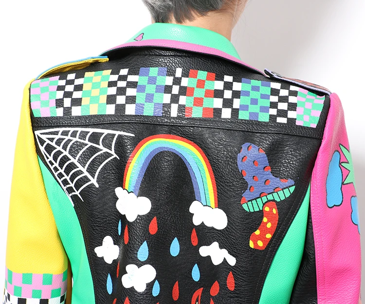 Womens Multi-colors Punk Genuine Leather Rainbow Printed Jacket Graffiti Rivet Studed Street Fashion Motorcycle Slim Coat W08
Womens Multi-colors Punk Genuine Leather Rainbow Printed Jacket Graffiti Rivet Studed Street Fashion Motorcycle Slim Coat W08