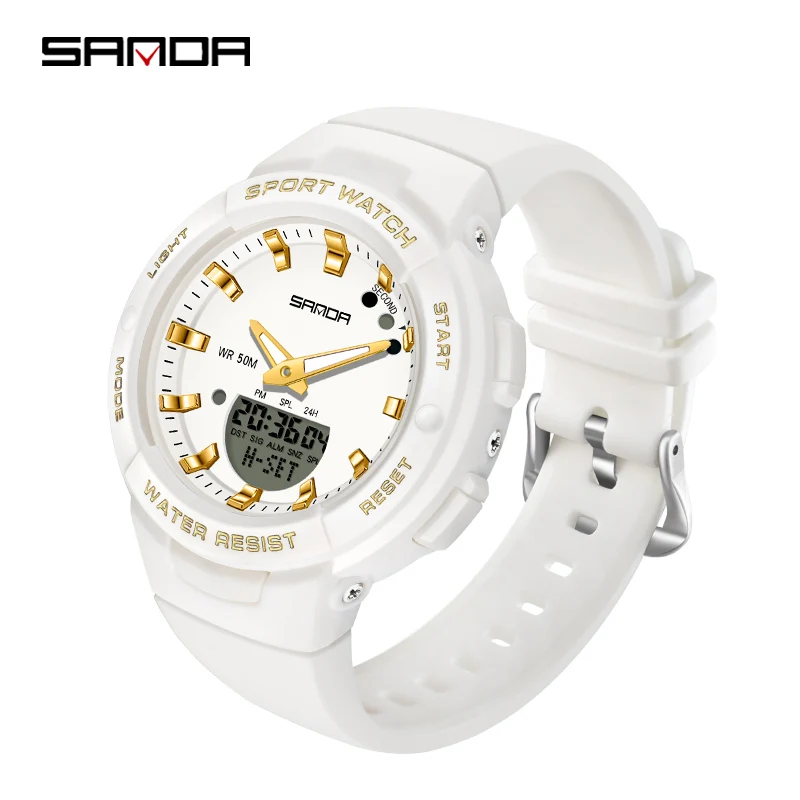 

Часы наручные SANDA женские кварцевые, роскошные модные спортивные многофункциональные светодиодные цифровые в стиле милитари, белые, 6005