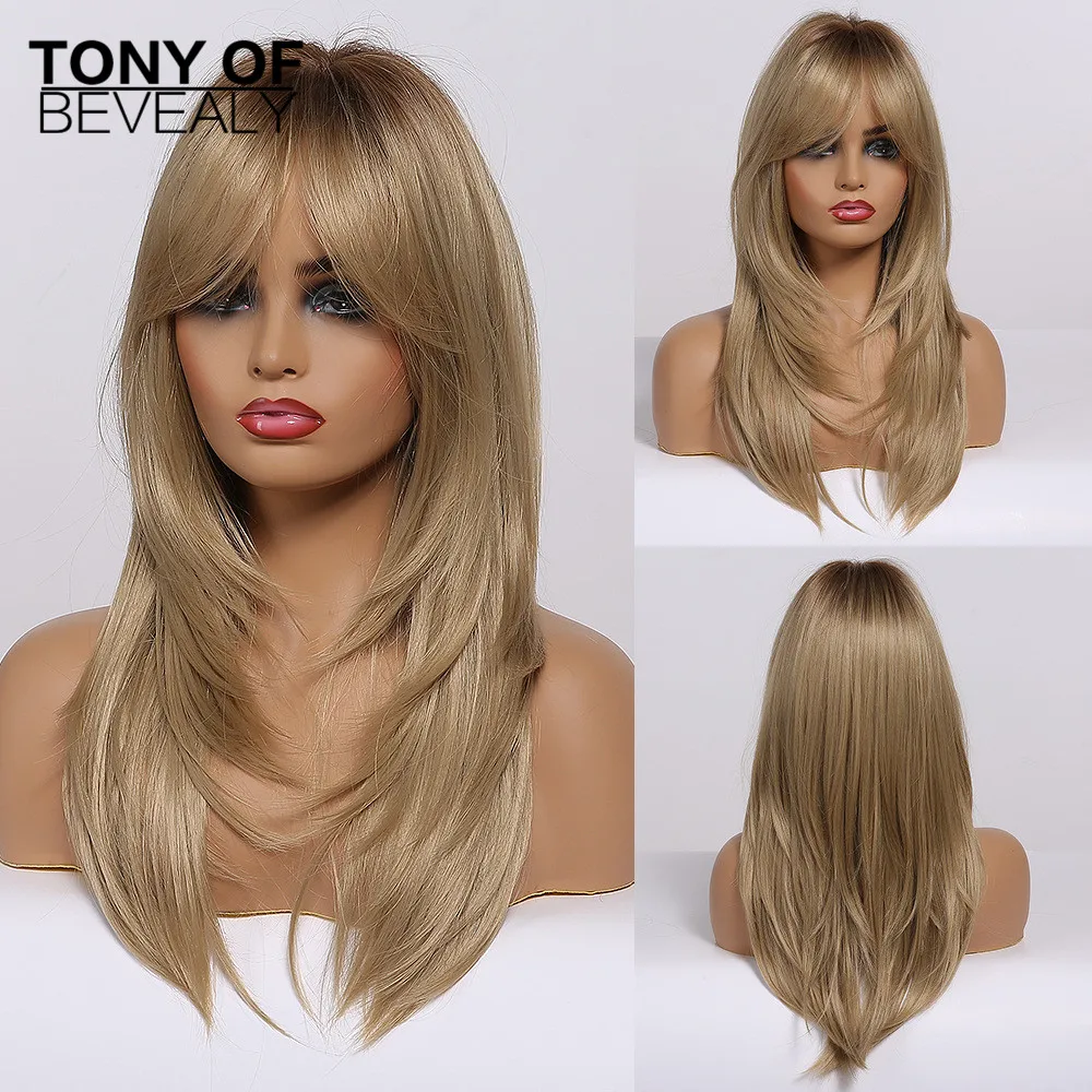 

Long Wavy Layered Synthetic Wigs Light Blonde Ombre Natural Hair Wigs with Bangs for Afro Women Heat Resistant Cosplay Wigs