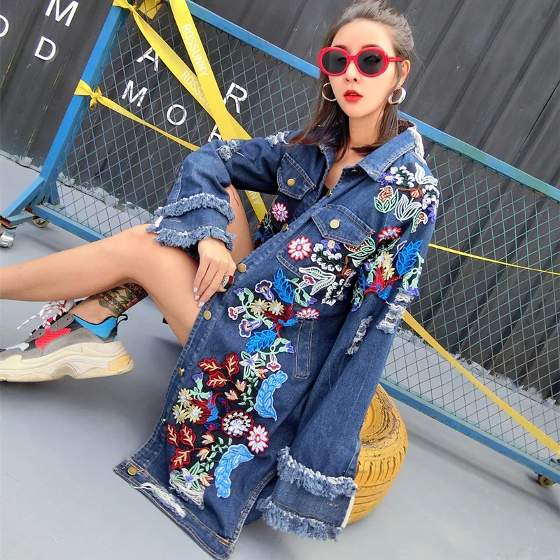 Flower embroidery long coat ladies oversized trenchcoat spring trench coat women denim streetwear frayed hole overcoats female
Flower embroidery long coat ladies oversized trenchcoat spring trench coat women denim streetwear frayed hole overcoats female