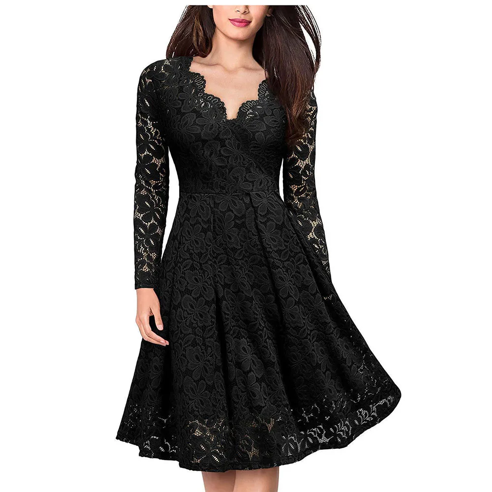Spring Autumn Women's Lace Mini Dress Long Sleeve V-neck Solid A-line Dresses For Women 2021 Sexy Black Hollow Out Robe Femme
Spring Autumn Women's Lace Mini Dress Long Sleeve V-neck Solid A-line Dresses For Women 2021 Sexy Black Hollow Out Robe Femme