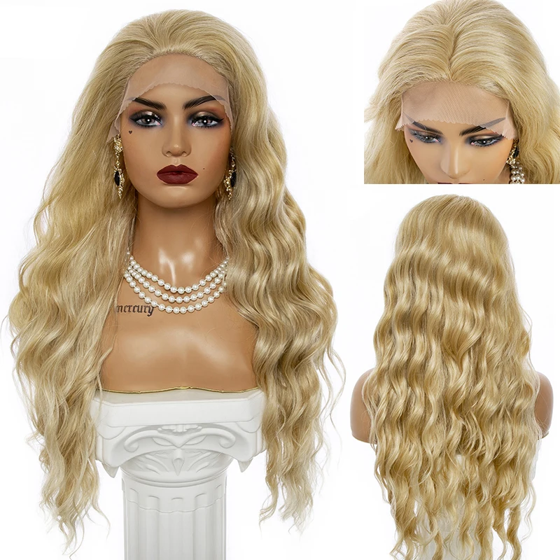 

Noble beauty Cosplay Synthetic Lace Front Wig Long Wig Curly 22Inch Golden Yellow Color Wig Free Parting Mechanism Wig For Women