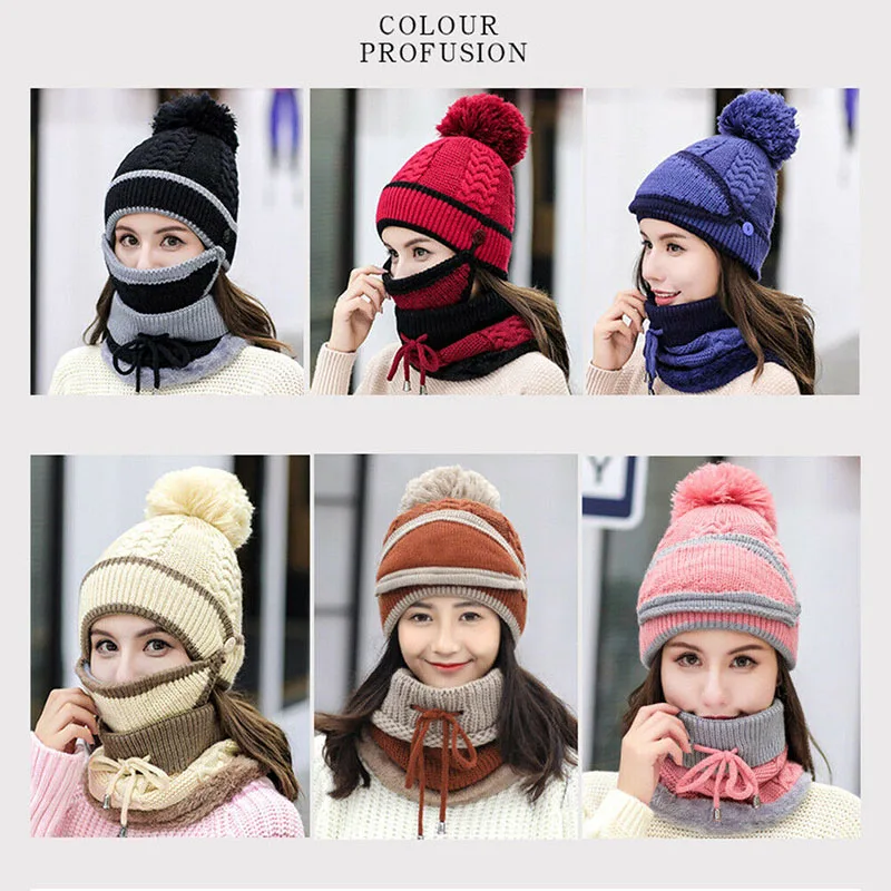 Hot Women Knitted Beanie Scarf Hat Face Mask Set Snood Neck Winter Pompom Cap Thicken CGU 88 | Аксессуары для одежды