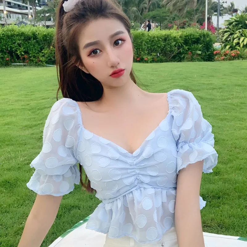 Women Sweet Style Blouses Summer Fashion Wild Polka Dot Pattern Chiffon Tops Sexy V Neck Short Sleeves Crop Shirts New
Women Sweet Style Blouses Summer Fashion Wild Polka Dot Pattern Chiffon Tops Sexy V Neck Short Sleeves Crop Shirts New