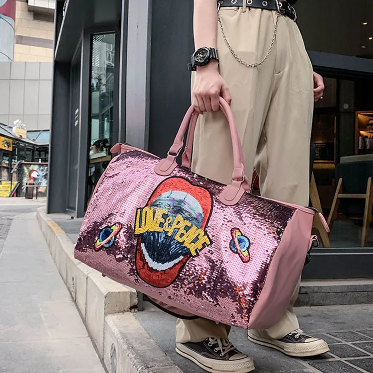 The new sequins letters gym bag overnight bag portable female sports bag large capacity duffel bag
The new sequins letters gym bag overnight bag portable female sports bag large capacity duffel bag