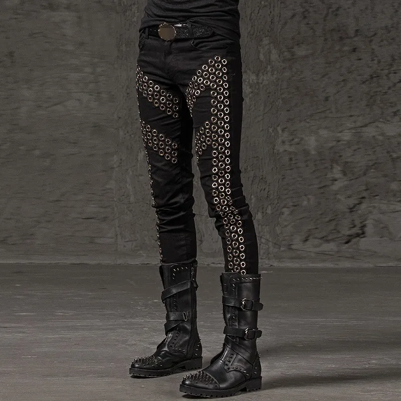 Брюки-Карандаш мужские с заклепками эластичные в стиле панк | Мужская одежда