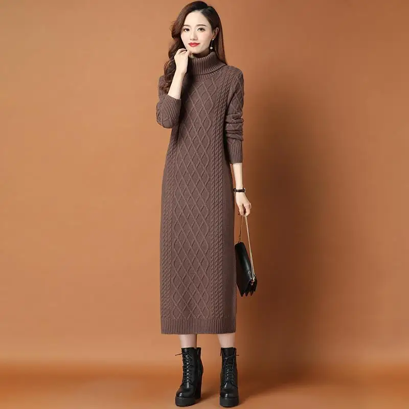 

Длинная юбка-свитер выше колена, новинка сезона осень-зима 2021, плотное тонкое вязаное платье с высоким воротом для женщин