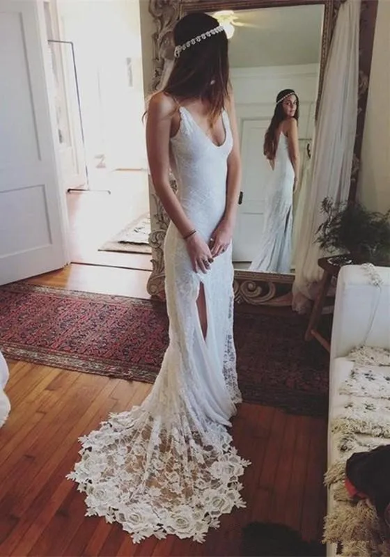 Sexy Spaghetti Side Slit Long Boho Wedding Dress Full Lace V-Neck Backless Beach Bridal Gowns Country Bride Reception Dresses
Sexy Spaghetti Side Slit Long Boho Wedding Dress Full Lace V-Neck Backless Beach Bridal Gowns Country Bride Reception Dresses