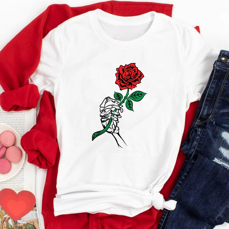 Colored Skeleton Hand Holiding A Rose T-shirt Vintage Flower Graphic Tee Shirt Top Funny Women Valentine's Day Romantic Tshirt
Colored Skeleton Hand Holiding A Rose T-shirt Vintage Flower Graphic Tee Shirt Top Funny Women Valentine's Day Romantic Tshirt