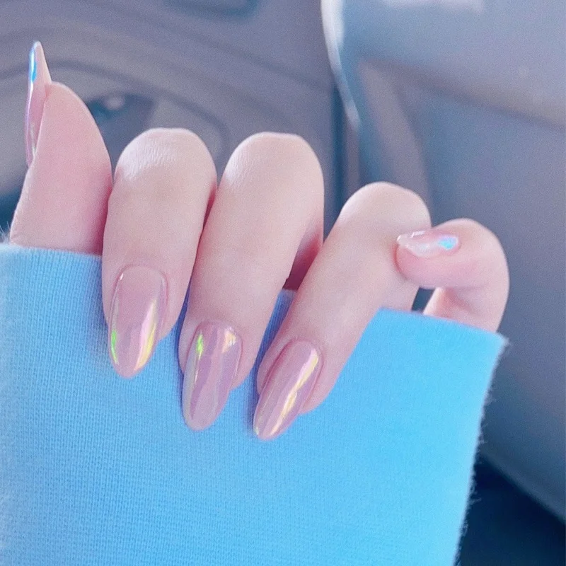 

24pcs/set Mirror Stiletto Fake Nails Middle Long Aurora Pink False Nail Tips Faux Ongles Nails Finished Full Cover Artificial