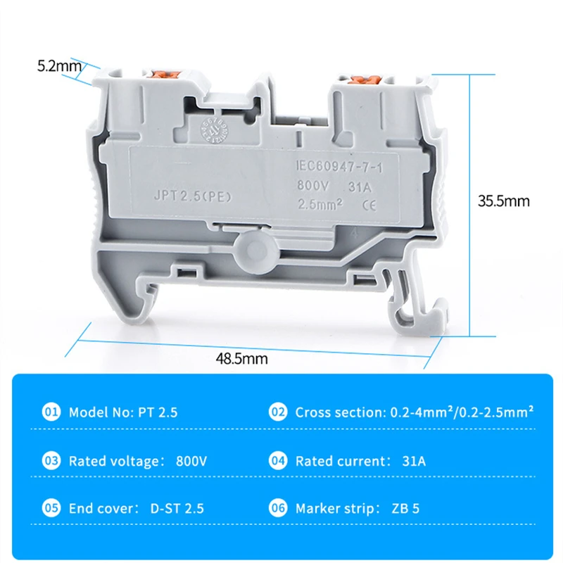 Din Rail Terminal Block PT-2.5 Push In Spring Screwless Electrical Terminal Strip Block Connector PT2.5 Wire Conductor 1 Piece
Din Rail Terminal Block PT-2.5 Push In Spring Screwless Electrical Terminal Strip Block Connector PT2.5 Wire Conductor 1 Piece