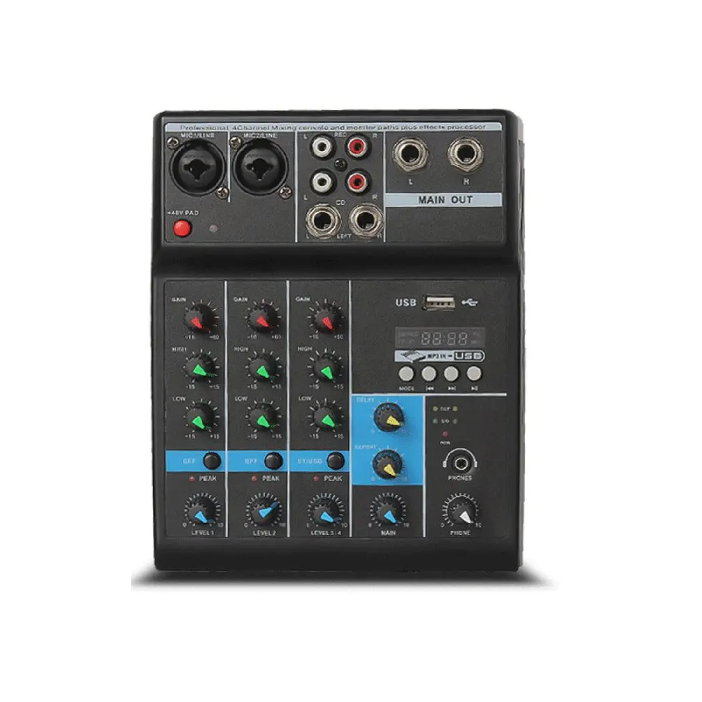A4 Sound Mixing Console Bluetooth-compatible USB Record Computer Playback 25W Power Delay Repaeat Effect 4 Channels USB Audio
A4 Sound Mixing Console Bluetooth-compatible USB Record Computer Playback 25W Power Delay Repaeat Effect 4 Channels USB Audio