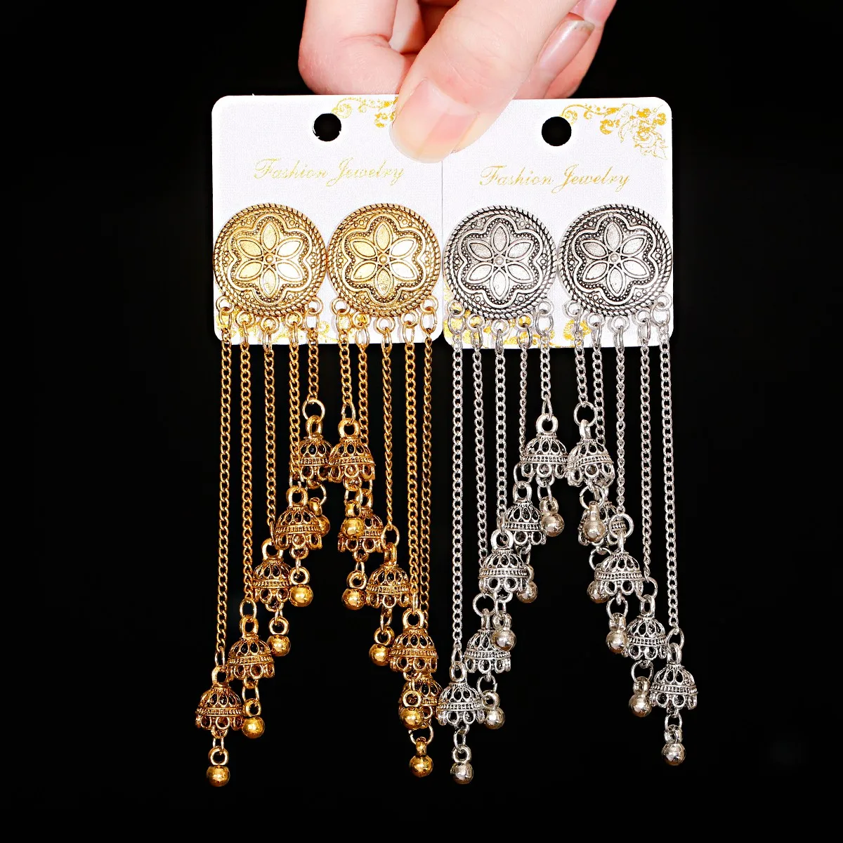 Длинная кисточка цепочка серьги колокол Jhumka для Для женщин Gypsy многослойное уха