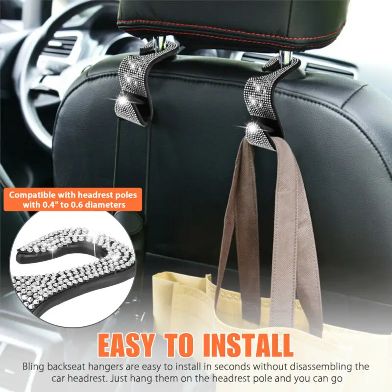 4pcs Set Car Headrest Hangers Accessories Bling Cloth Hook Rhinestones