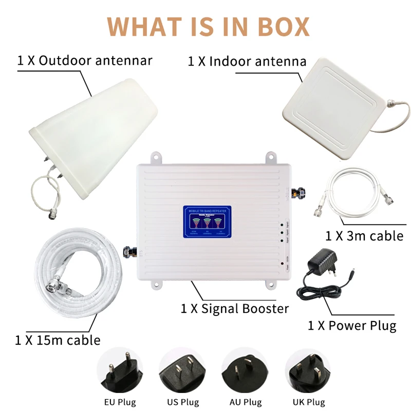 2G 3G 4G Mobile Signal Booster Tri Band Repeater 900 1800 2100 Amplifier GSM DCS WCDMA Repeater Cell Phone Signal Booster
2G 3G 4G Mobile Signal Booster Tri Band Repeater 900 1800 2100 Amplifier GSM DCS WCDMA Repeater Cell Phone Signal Booster